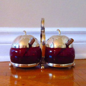 Vintage APEX silver plated container with red glass. Made in England 1950 apple
